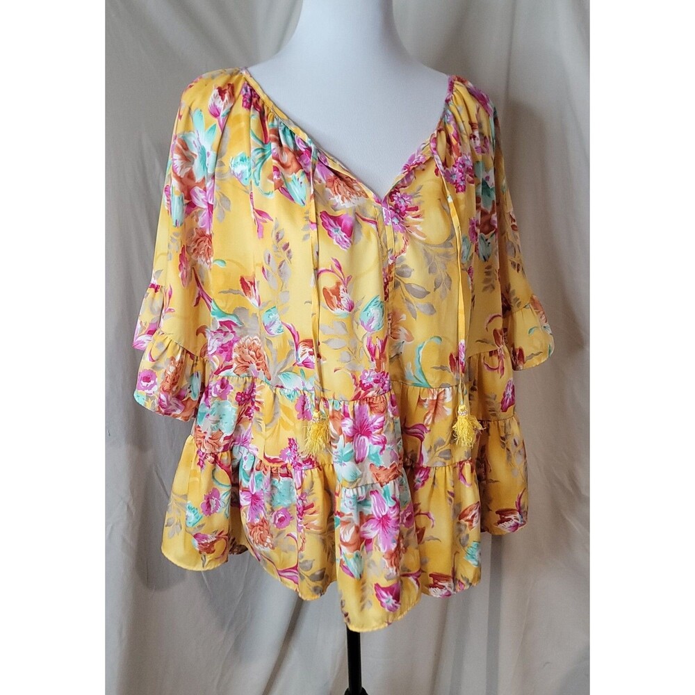 Chelsea & Theodore Floral Boho Blouse Large Yellow Ruffle Peasant Top Tassel